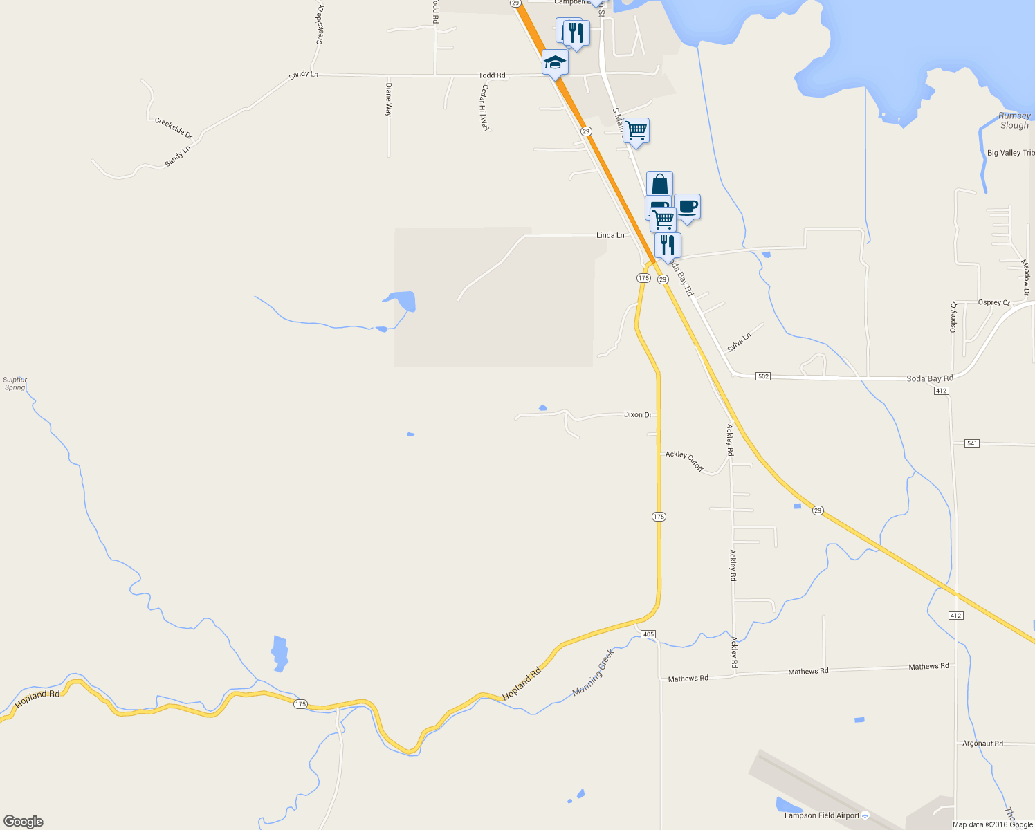 map of restaurants, bars, coffee shops, grocery stores, and more near 608 Dixon Drive in Lakeport