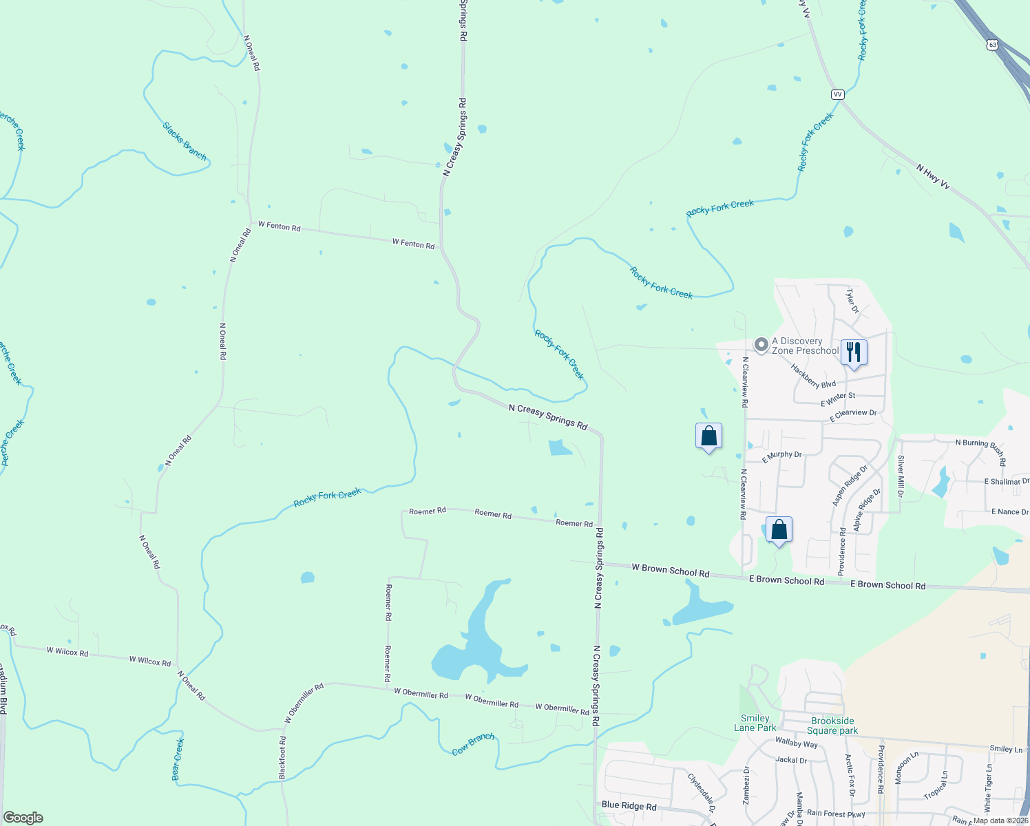 map of restaurants, bars, coffee shops, grocery stores, and more near 5161 North Creasy Springs Road in Columbia