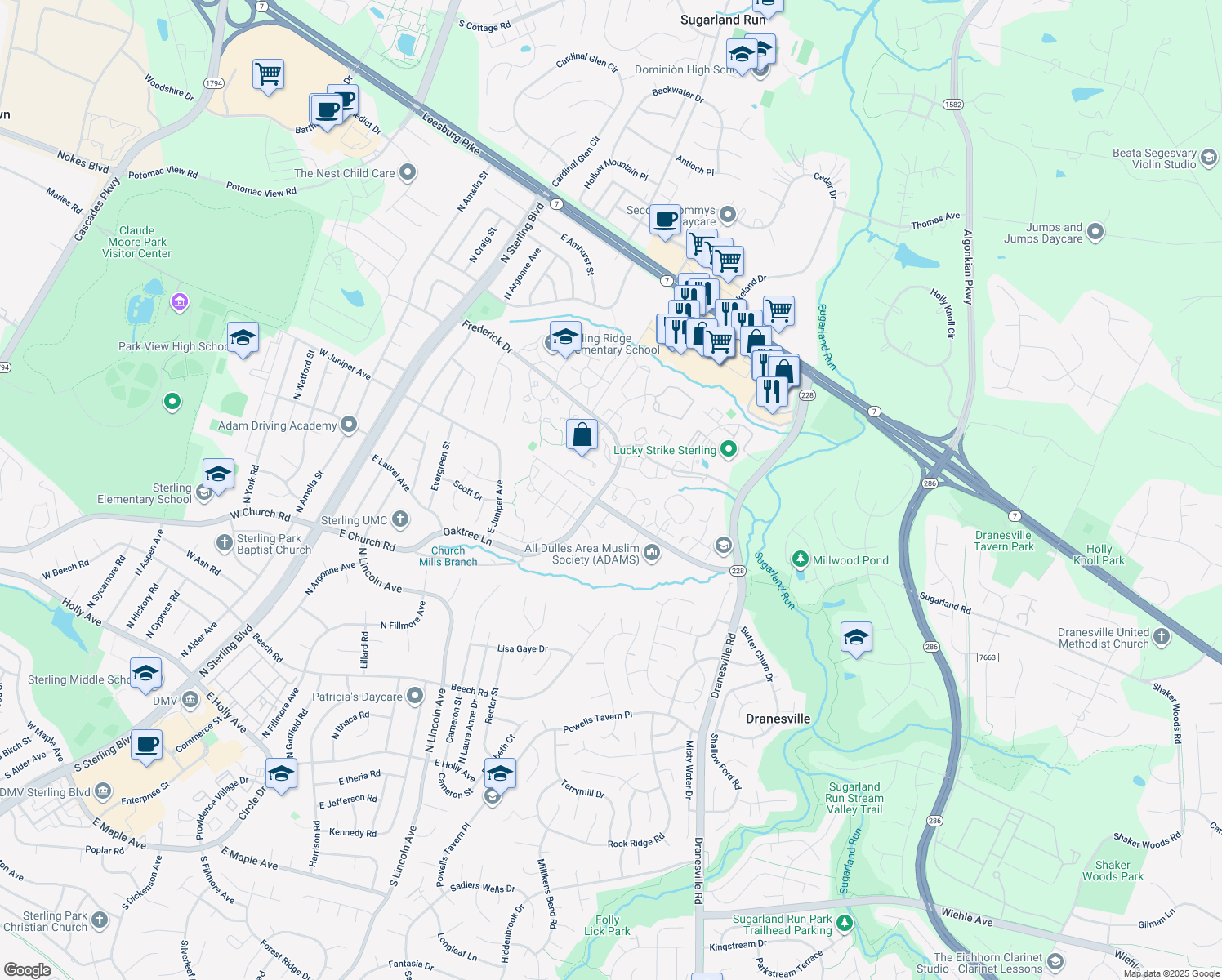 map of restaurants, bars, coffee shops, grocery stores, and more near 21909 Myrtlewood Square in Sterling