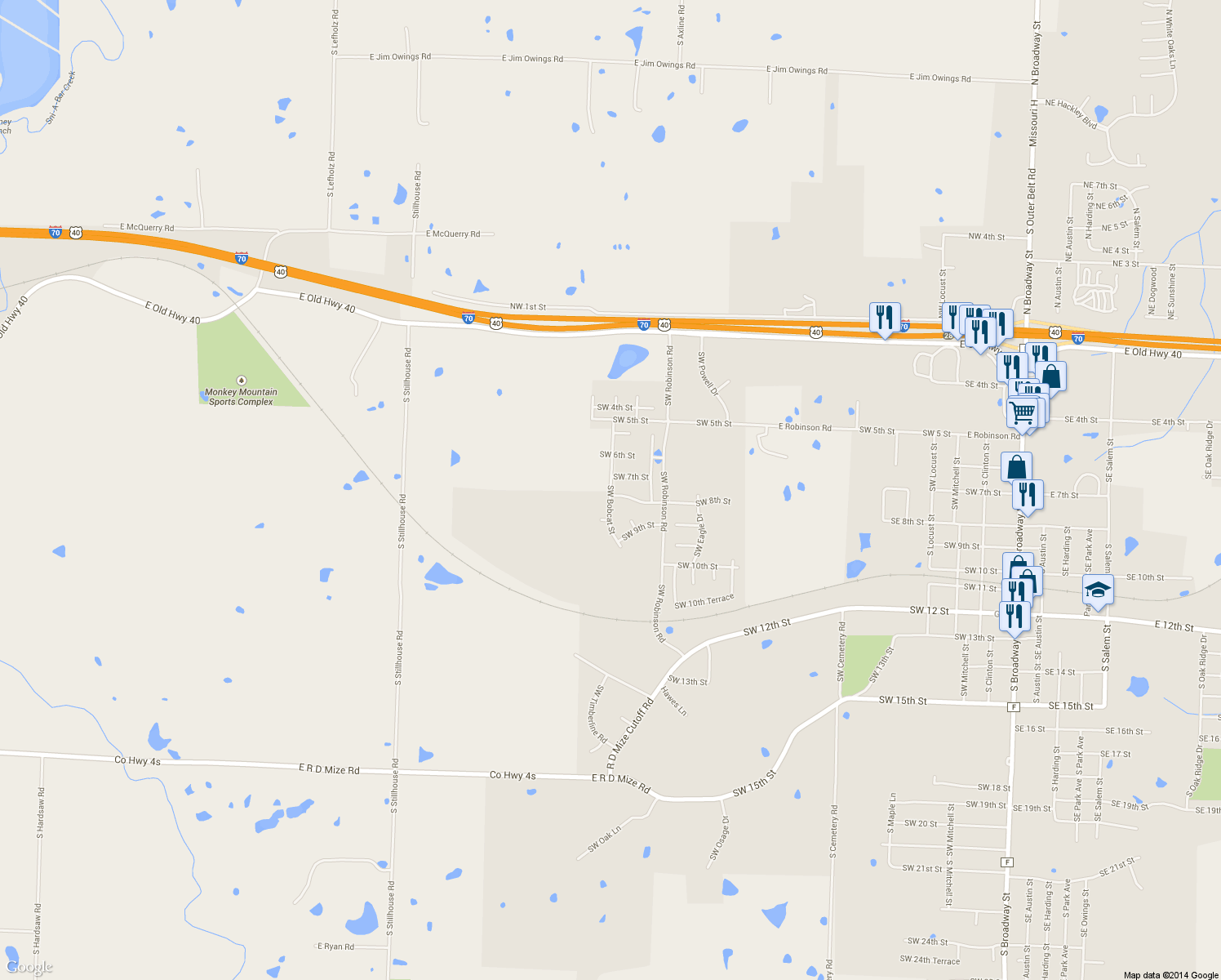 map of restaurants, bars, coffee shops, grocery stores, and more near Southwest Bobcat Street in Oak Grove