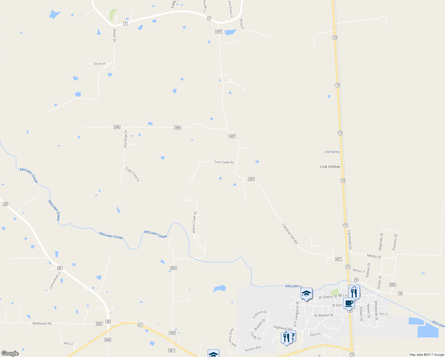 map of restaurants, bars, coffee shops, grocery stores, and more near 379 Cardinal Hill Road in Winfield