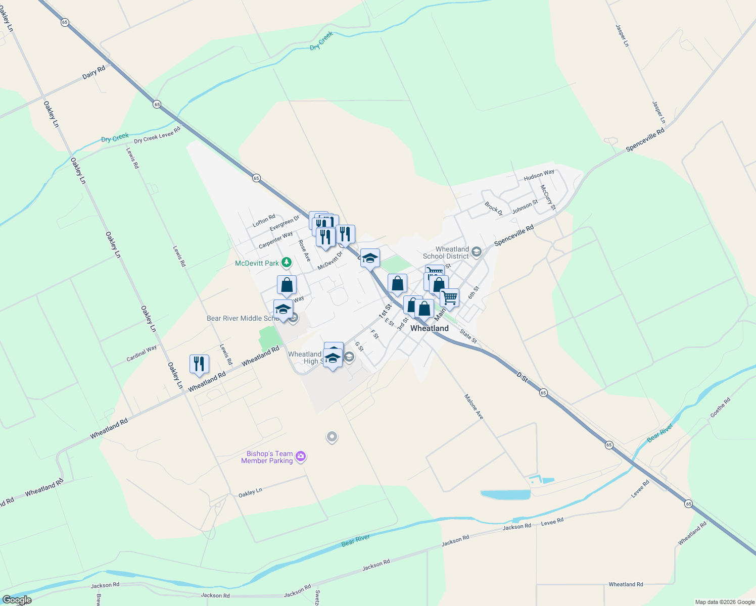 map of restaurants, bars, coffee shops, grocery stores, and more near 708 Olive Lane in Wheatland