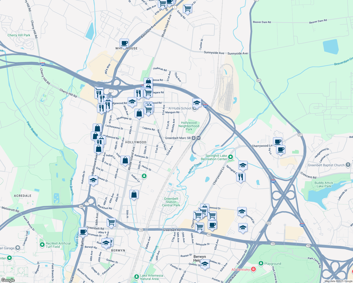 map of restaurants, bars, coffee shops, grocery stores, and more near 5201 Lackawanna Street in College Park