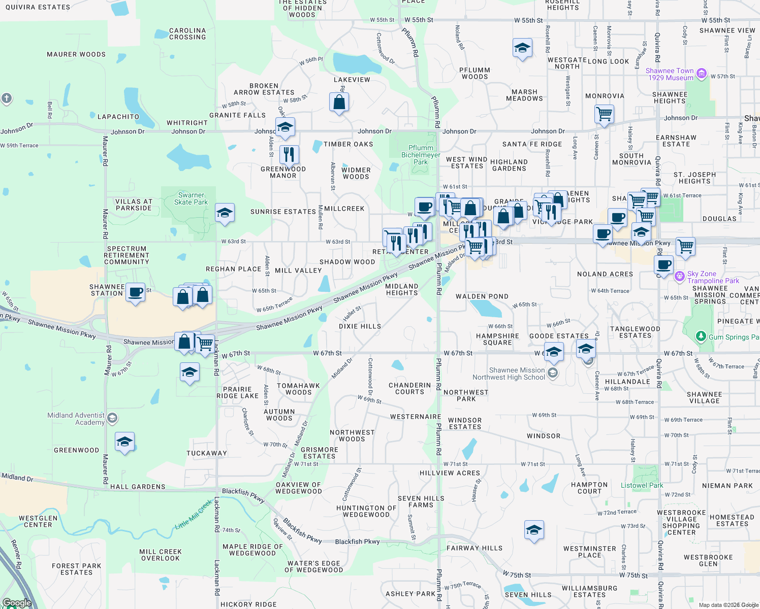 map of restaurants, bars, coffee shops, grocery stores, and more near 6507 Widmer Road in Shawnee