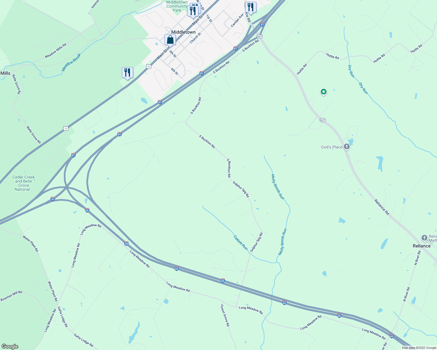 map of restaurants, bars, coffee shops, grocery stores, and more near 860 S Buckton Rd in Middletown