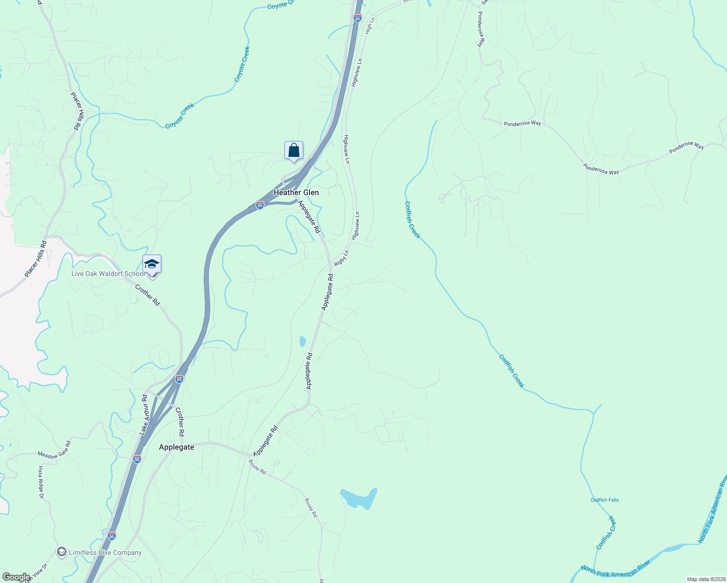map of restaurants, bars, coffee shops, grocery stores, and more near 620 Weaver Hill Lane in Colfax