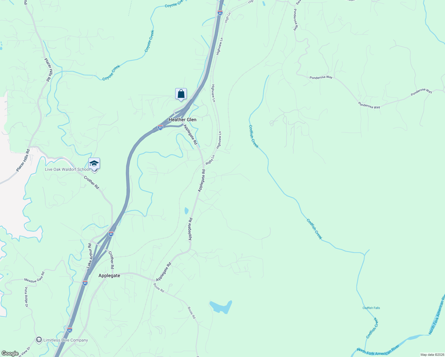 map of restaurants, bars, coffee shops, grocery stores, and more near 620 Weaver Hill Lane in Colfax