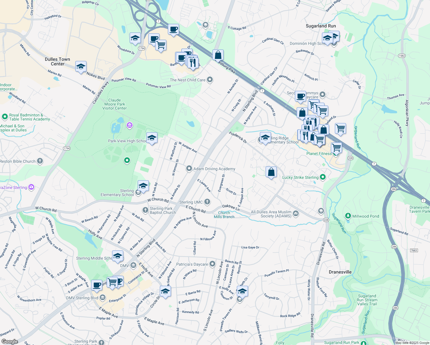 map of restaurants, bars, coffee shops, grocery stores, and more near 204 East Kingsley Avenue in Sterling