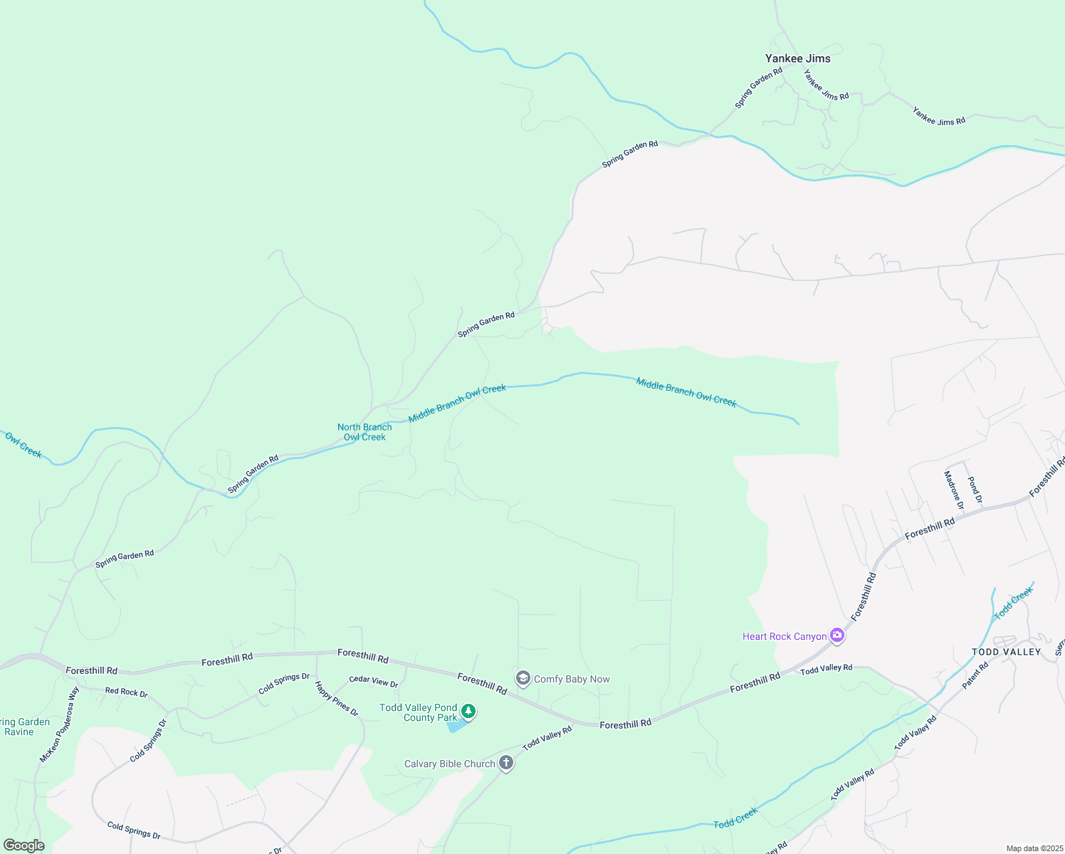 map of restaurants, bars, coffee shops, grocery stores, and more near 20688 Spring Garden Road in Foresthill