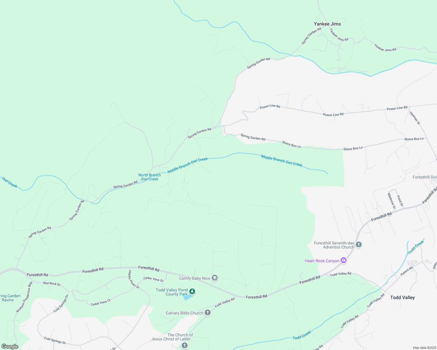 map of restaurants, bars, coffee shops, grocery stores, and more near 20688 Spring Garden Road in Foresthill