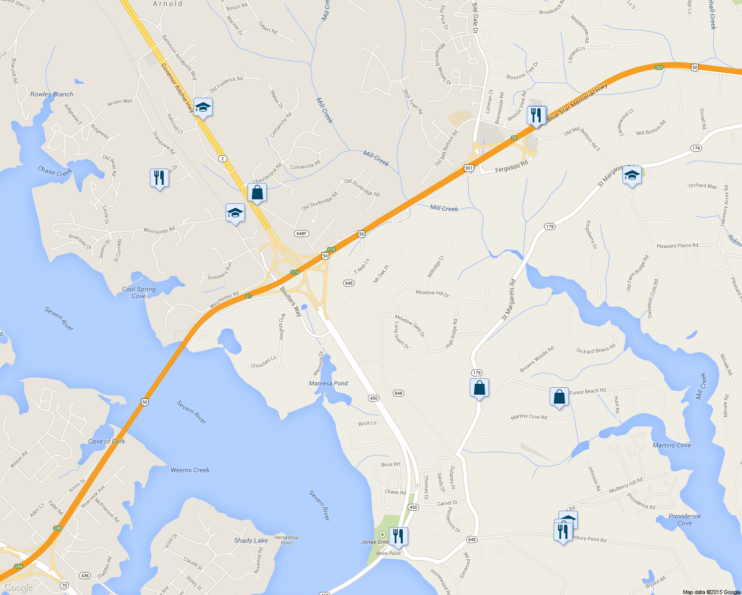 map of restaurants, bars, coffee shops, grocery stores, and more near 201 Mount Oak Place in Annapolis