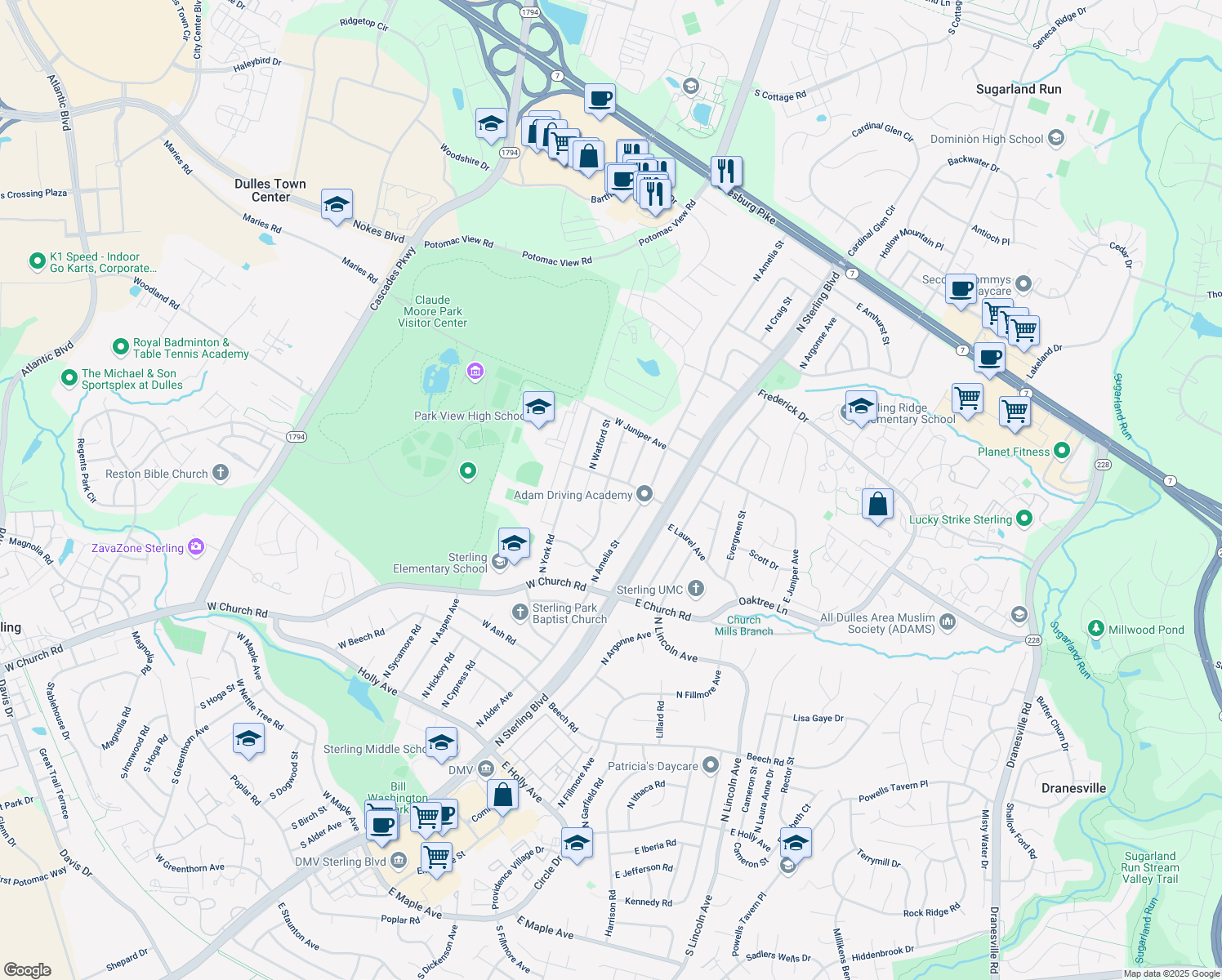 map of restaurants, bars, coffee shops, grocery stores, and more near 732 North Vernon Street in Sterling