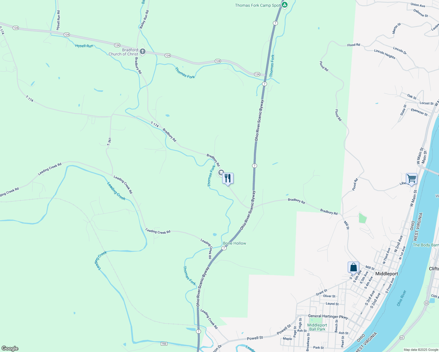 map of restaurants, bars, coffee shops, grocery stores, and more near 39219 Bradbury Road in Middleport