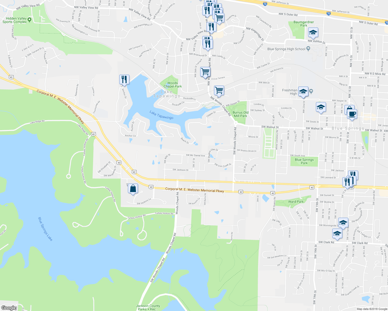 map of restaurants, bars, coffee shops, grocery stores, and more near 3713 Southwest Mc Danial Avenue in Blue Springs
