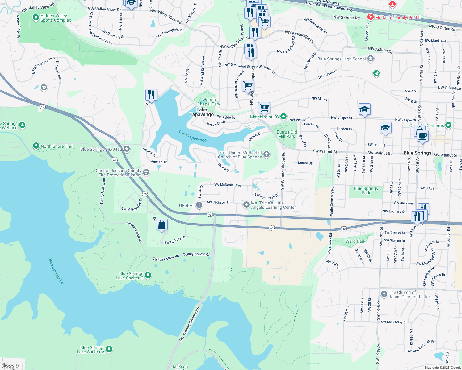 map of restaurants, bars, coffee shops, grocery stores, and more near 3804 SW Mcdanial Ave in Blue Springs