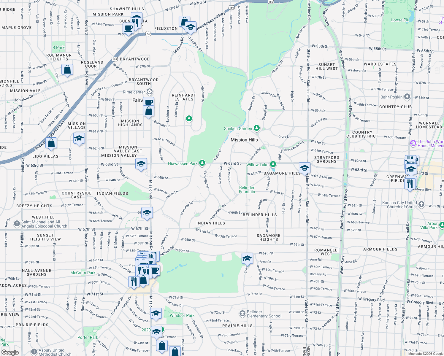 map of restaurants, bars, coffee shops, grocery stores, and more near 6401 Aberdeen Street in Mission Hills