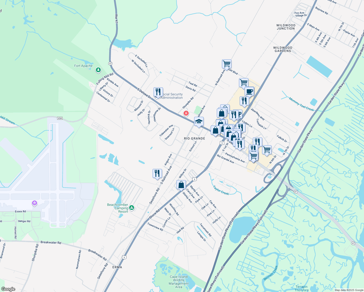map of restaurants, bars, coffee shops, grocery stores, and more near 211 South Railroad Avenue in Middle Township