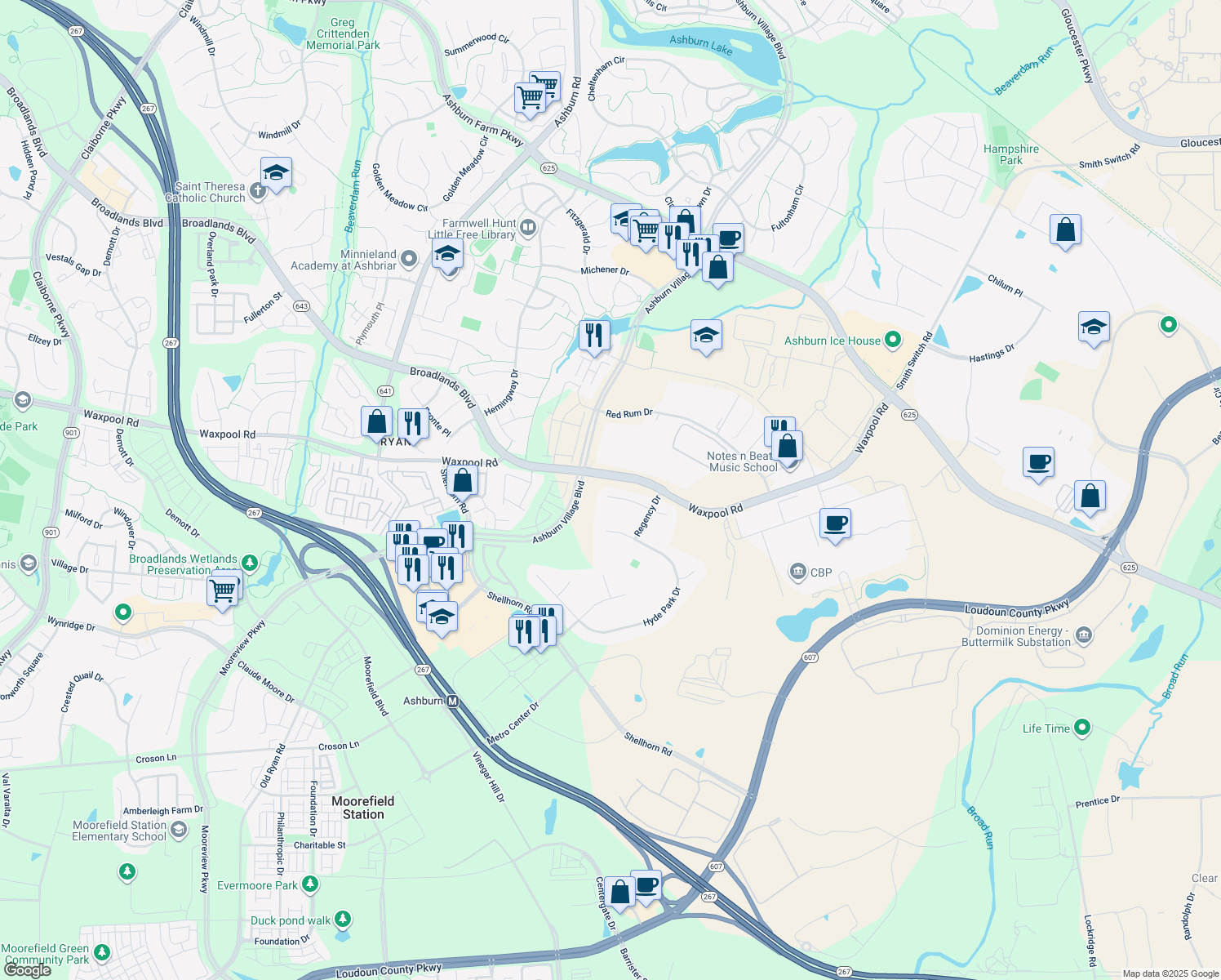 map of restaurants, bars, coffee shops, grocery stores, and more near 43888 Loganwood Court in Ashburn