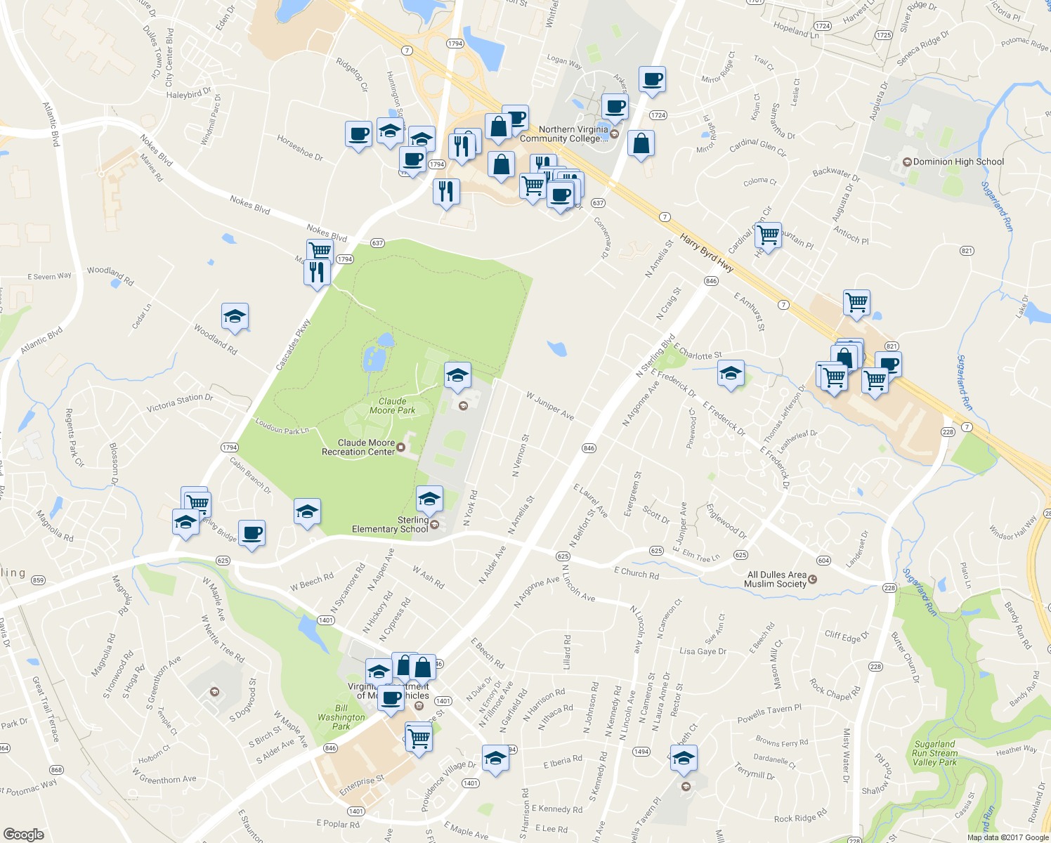 map of restaurants, bars, coffee shops, grocery stores, and more near 901 North Vernon Street in Sterling
