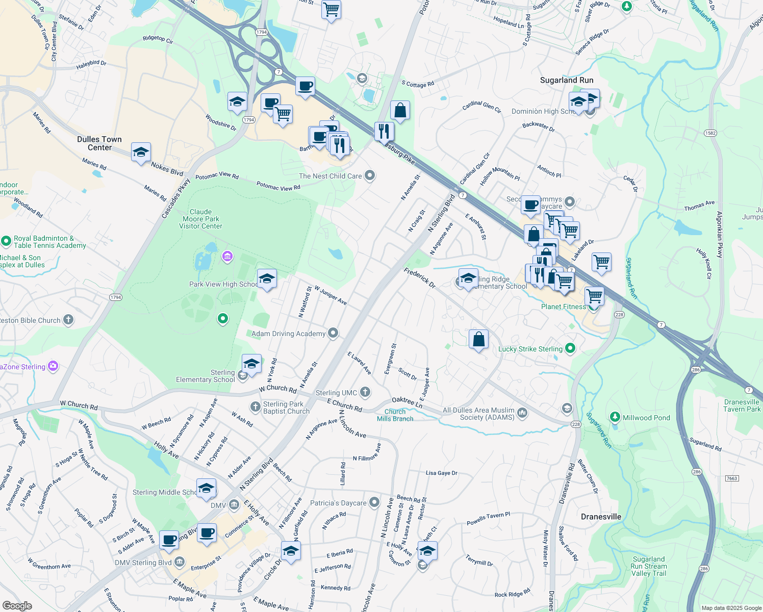 map of restaurants, bars, coffee shops, grocery stores, and more near 1101 North Argonne Avenue in Sterling