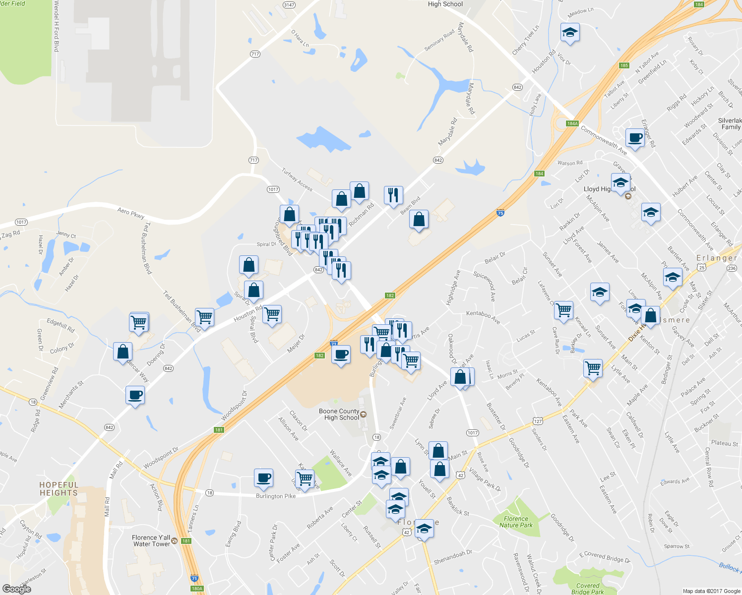 map of restaurants, bars, coffee shops, grocery stores, and more near 7350 Turfway Road in Florence