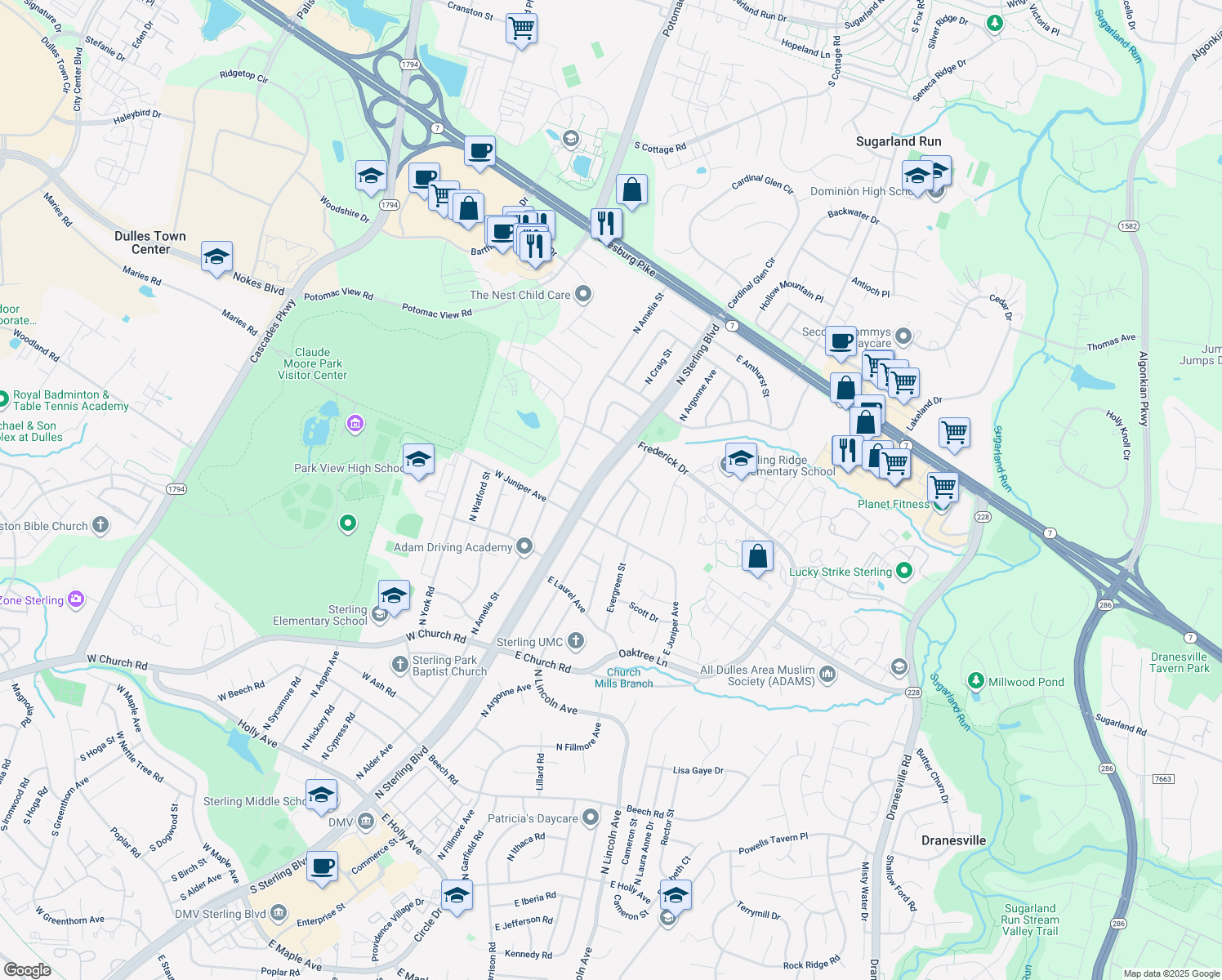 map of restaurants, bars, coffee shops, grocery stores, and more near 1201 North Argonne Avenue in Sterling