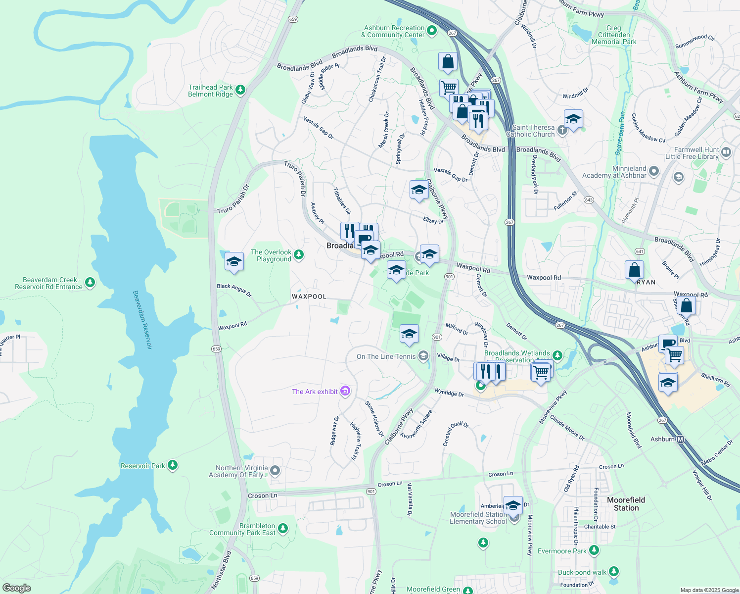map of restaurants, bars, coffee shops, grocery stores, and more near 21758 Poole Court in Ashburn