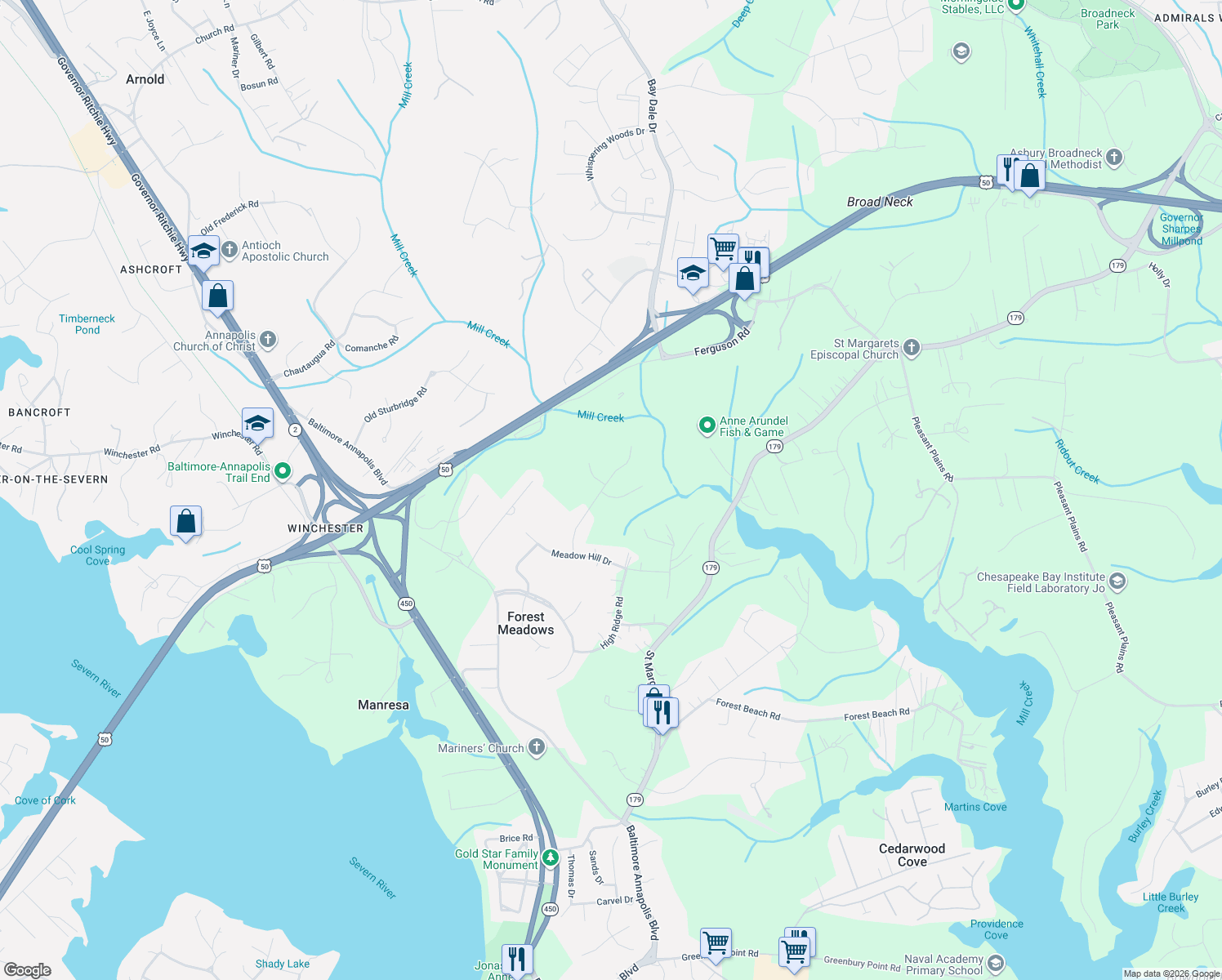map of restaurants, bars, coffee shops, grocery stores, and more near 1812 Millridge Court in Annapolis
