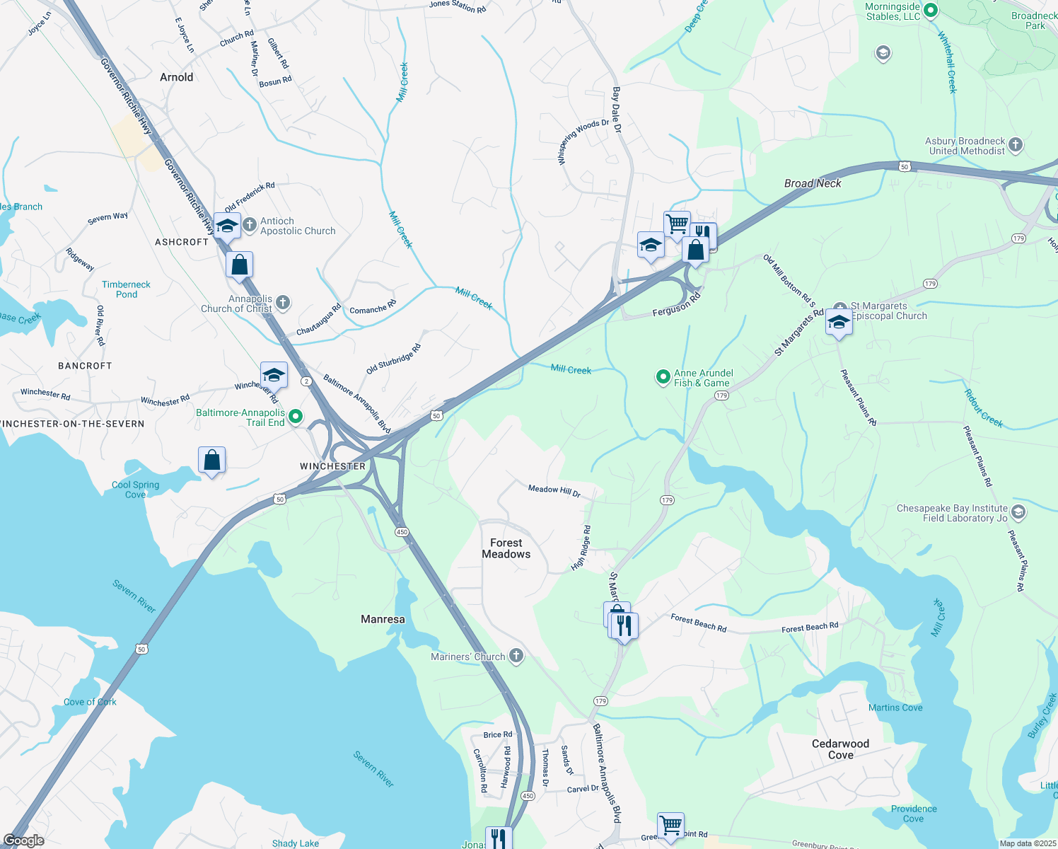 map of restaurants, bars, coffee shops, grocery stores, and more near 217 Mount Oak Place in Annapolis
