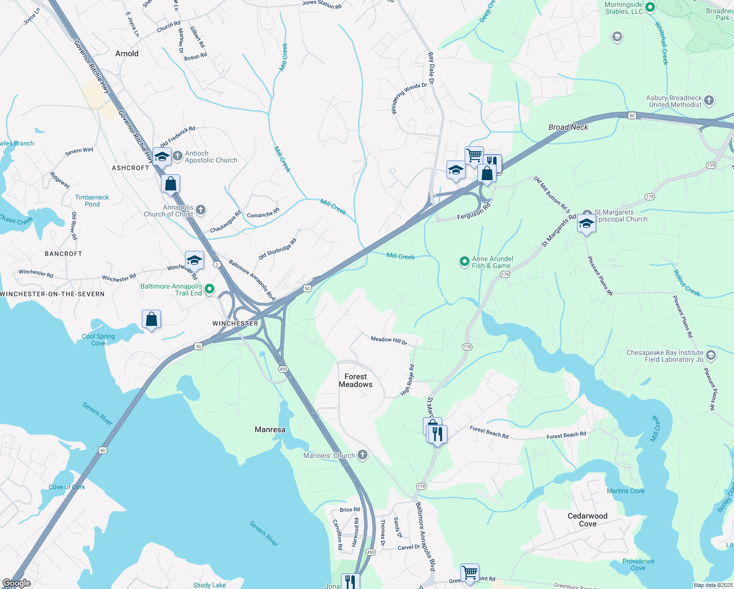 map of restaurants, bars, coffee shops, grocery stores, and more near 217 Mount Oak Place in Annapolis
