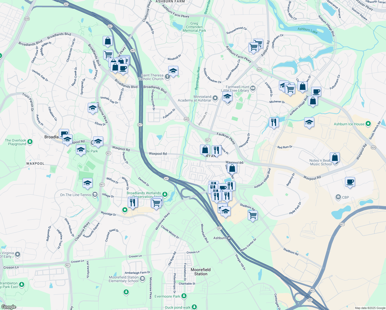 map of restaurants, bars, coffee shops, grocery stores, and more near 21726 Kings Crossing Terrace in Ashburn