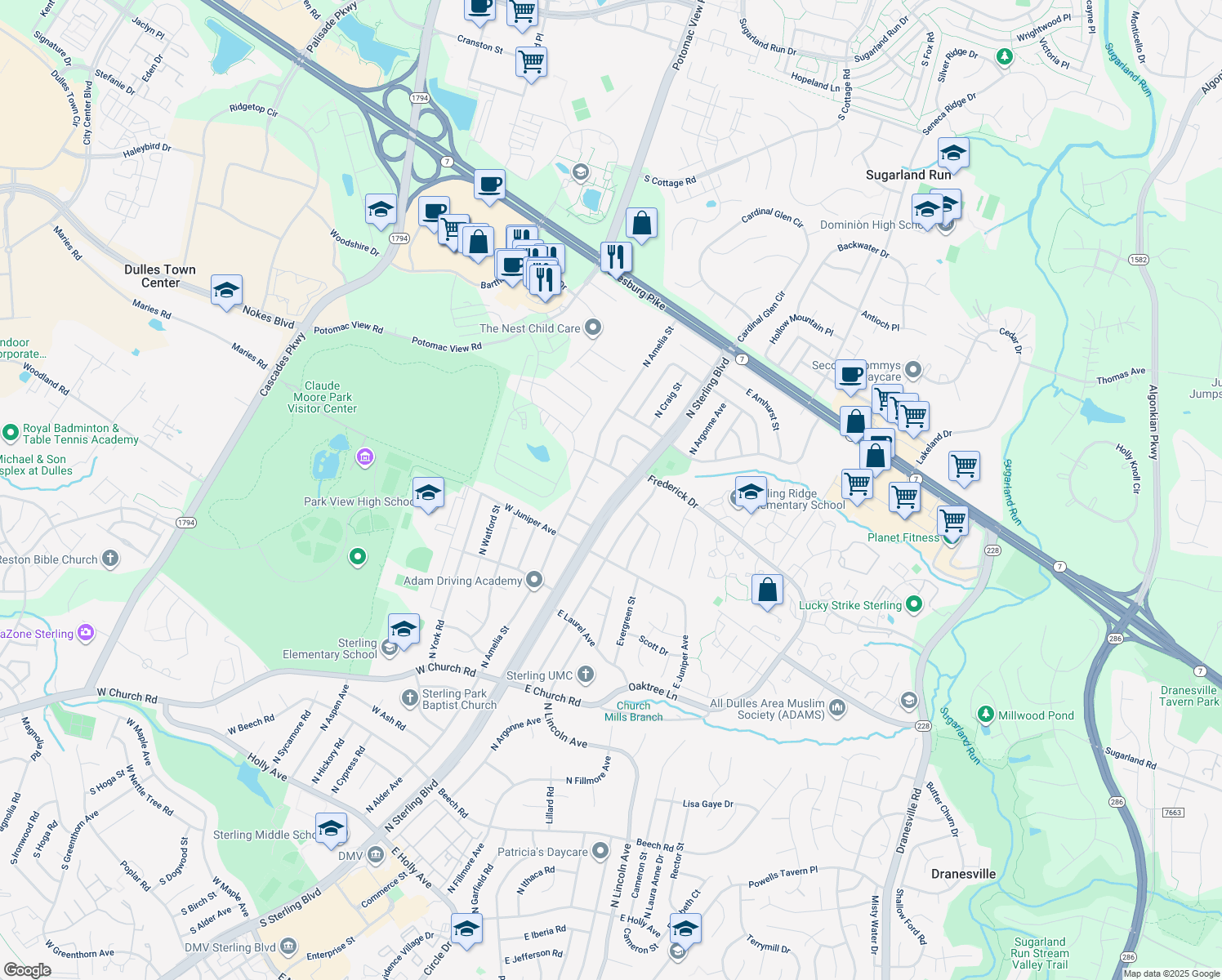 map of restaurants, bars, coffee shops, grocery stores, and more near 1301 North Sterling Boulevard in Sterling