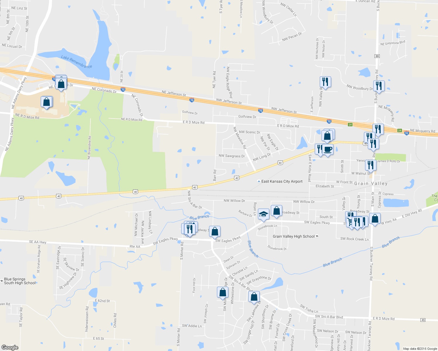 map of restaurants, bars, coffee shops, grocery stores, and more near 1209 Northwest Ashley Lane in Grain Valley