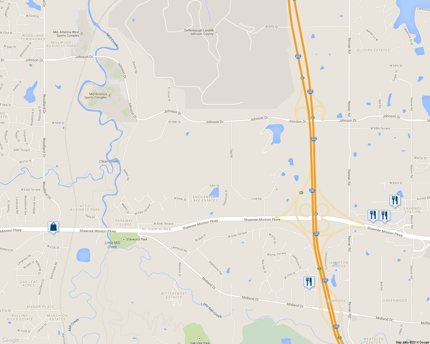 map of restaurants, bars, coffee shops, grocery stores, and more near 6310 Ogg Rd in Shawnee