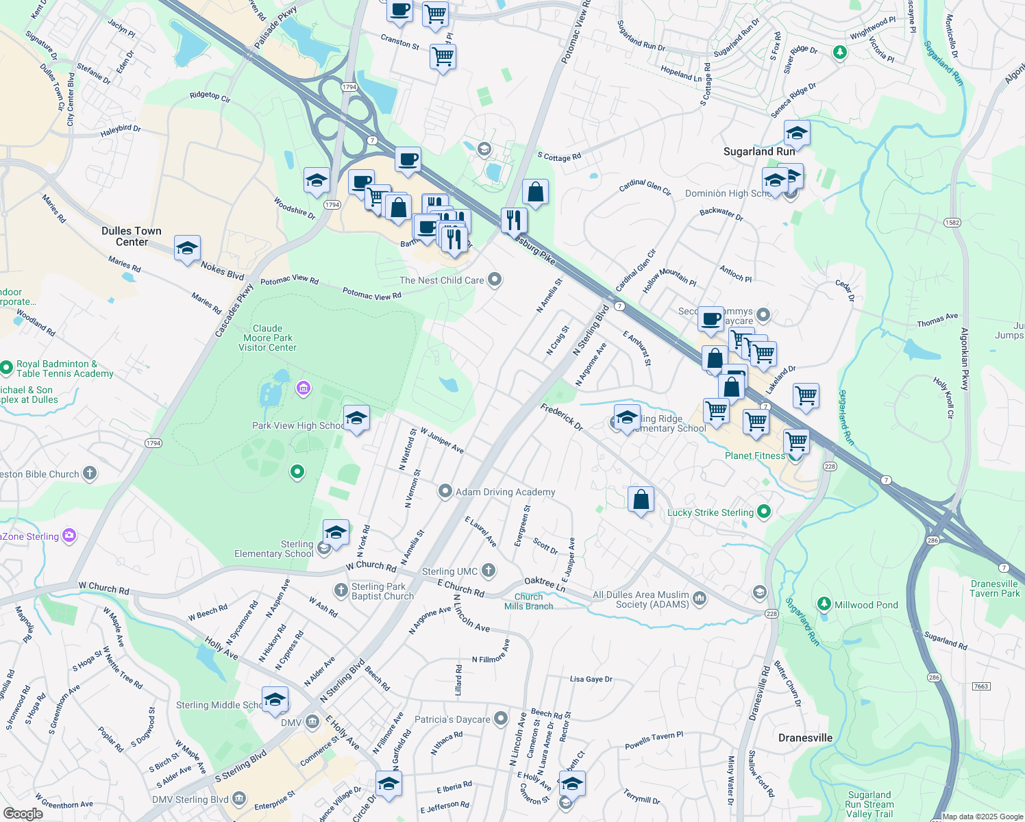 map of restaurants, bars, coffee shops, grocery stores, and more near 1303 North Sterling Boulevard in Sterling