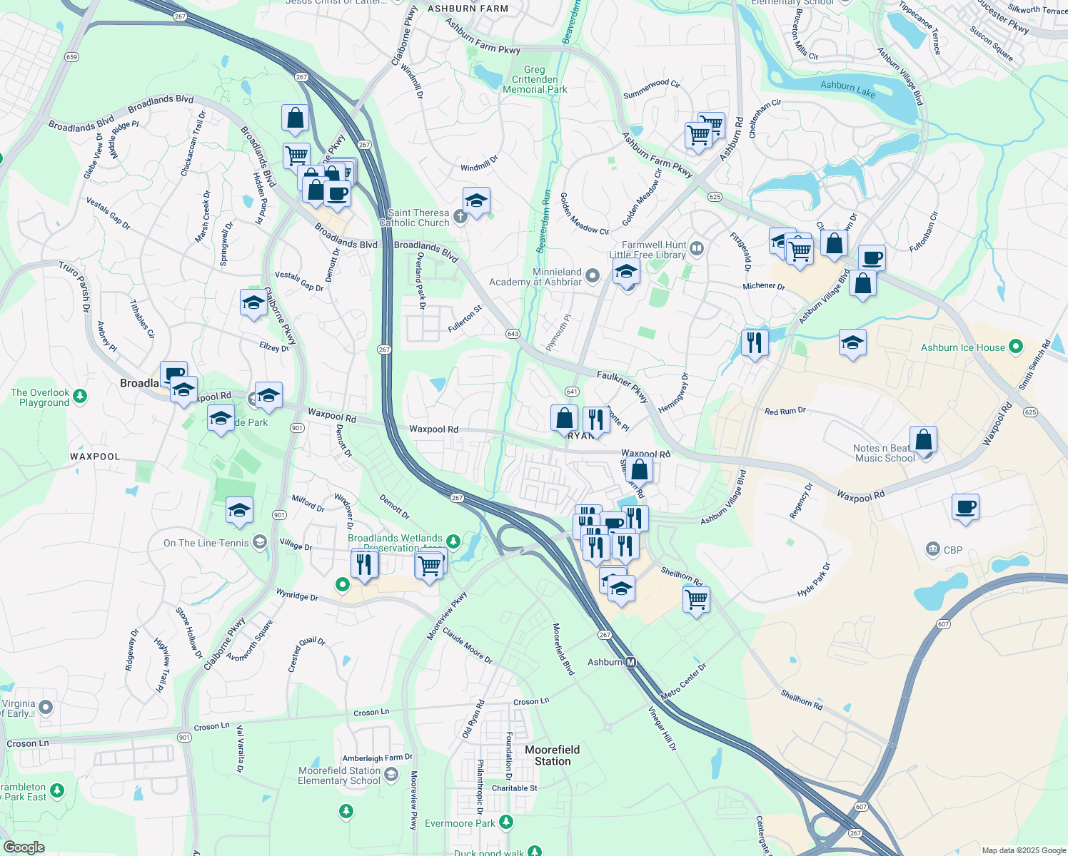 map of restaurants, bars, coffee shops, grocery stores, and more near 21863 Kings Crossing Terrace in Ashburn