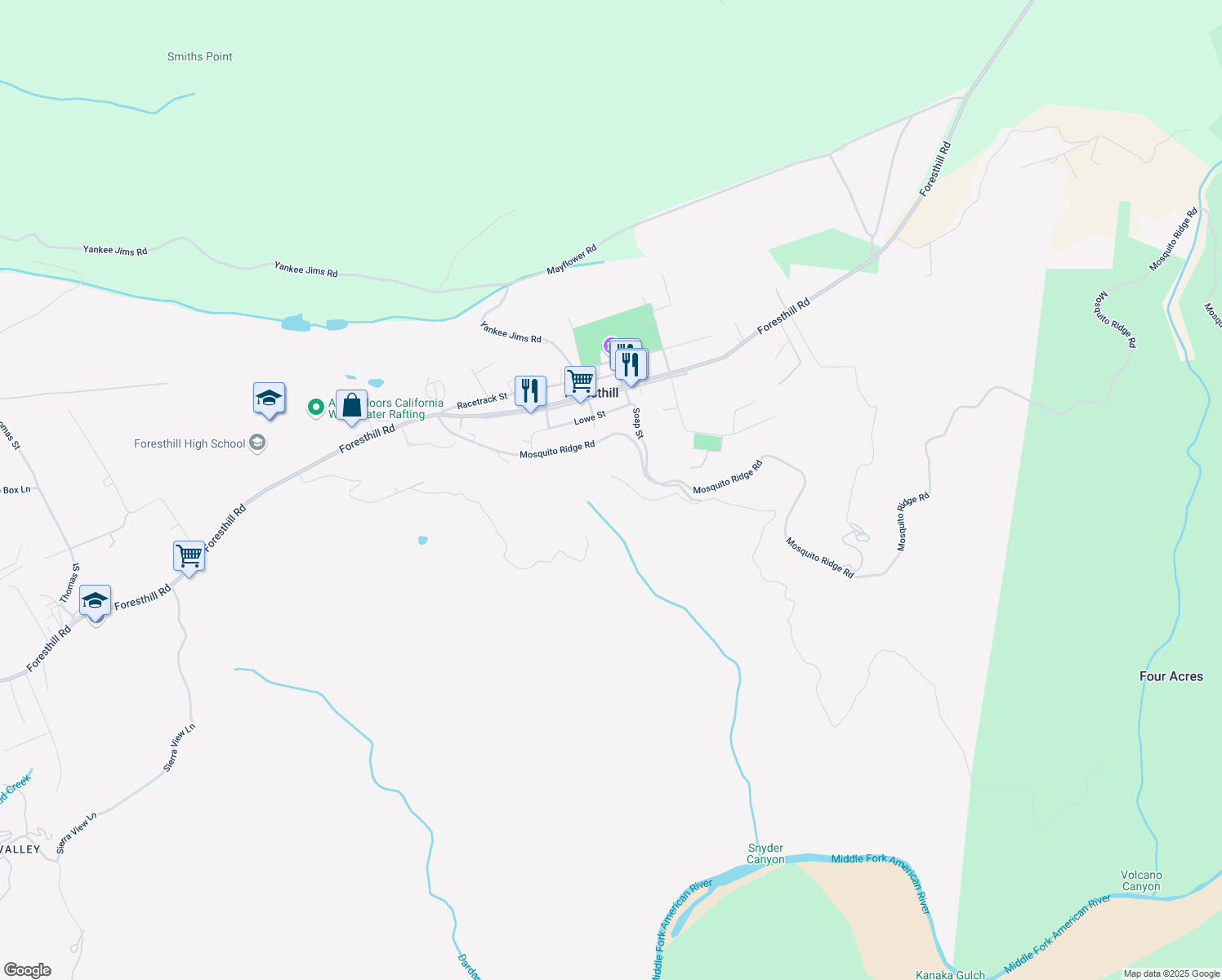 map of restaurants, bars, coffee shops, grocery stores, and more near 24550 Mosquito Ridge Road in Foresthill