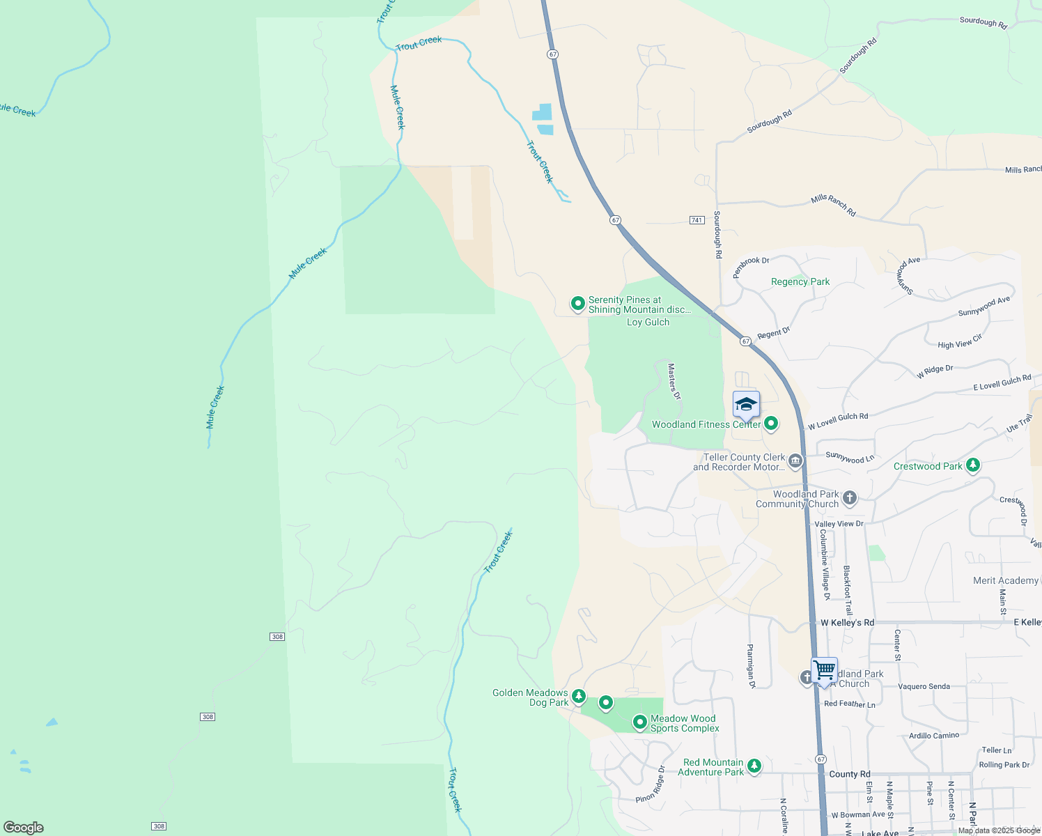 map of restaurants, bars, coffee shops, grocery stores, and more near 674 Lucky Lady Drive in Woodland Park