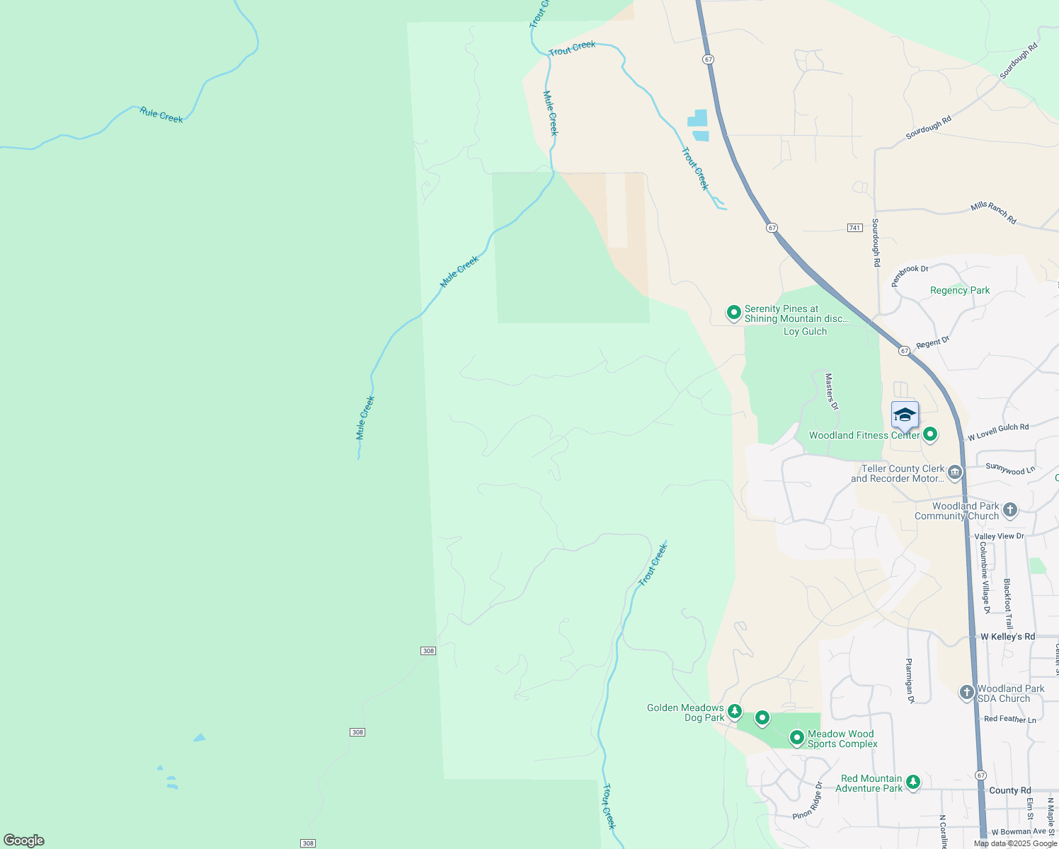 map of restaurants, bars, coffee shops, grocery stores, and more near 1210 Lucky Lady Drive in Woodland Park