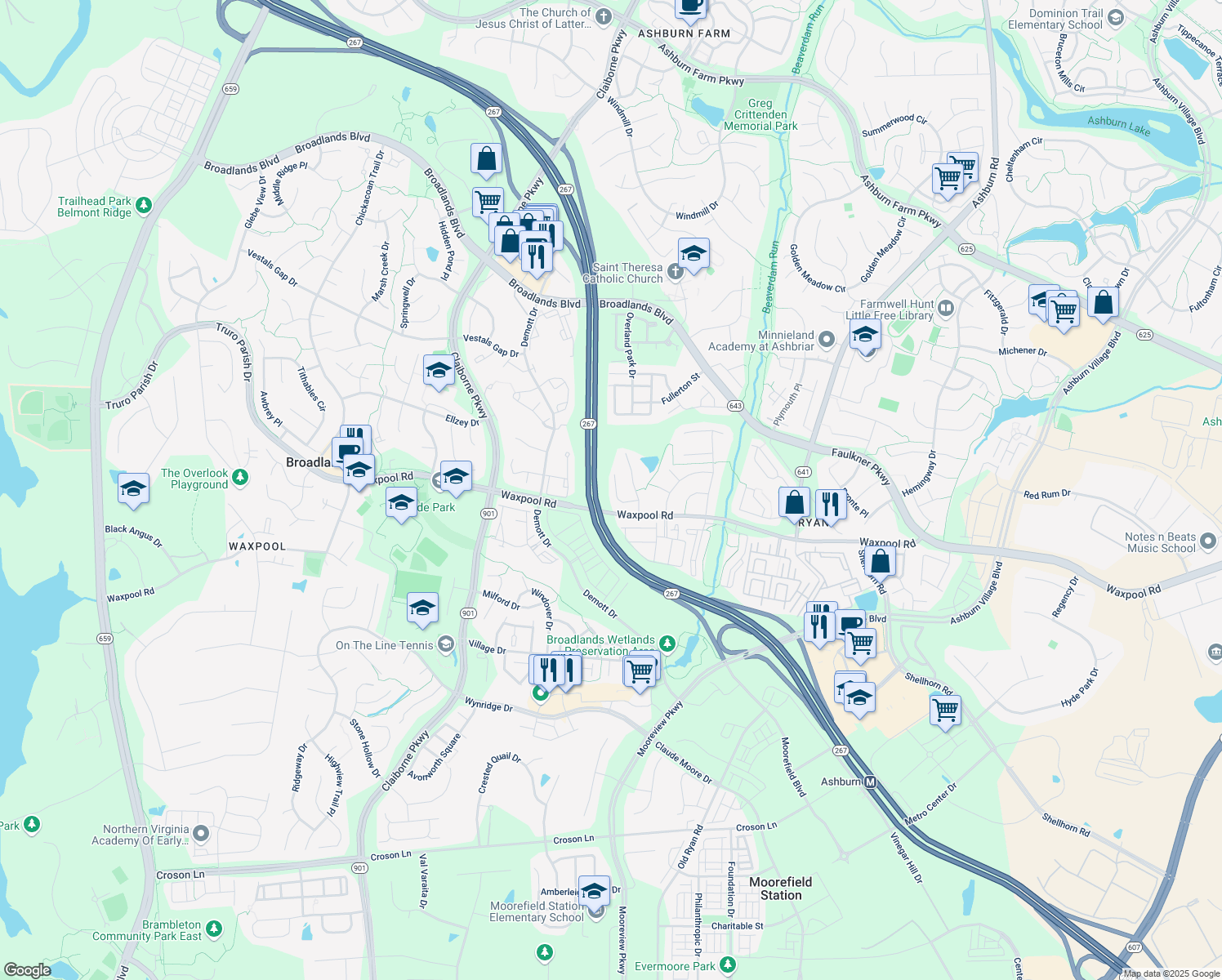 map of restaurants, bars, coffee shops, grocery stores, and more near 21663 Steatite Court in Ashburn