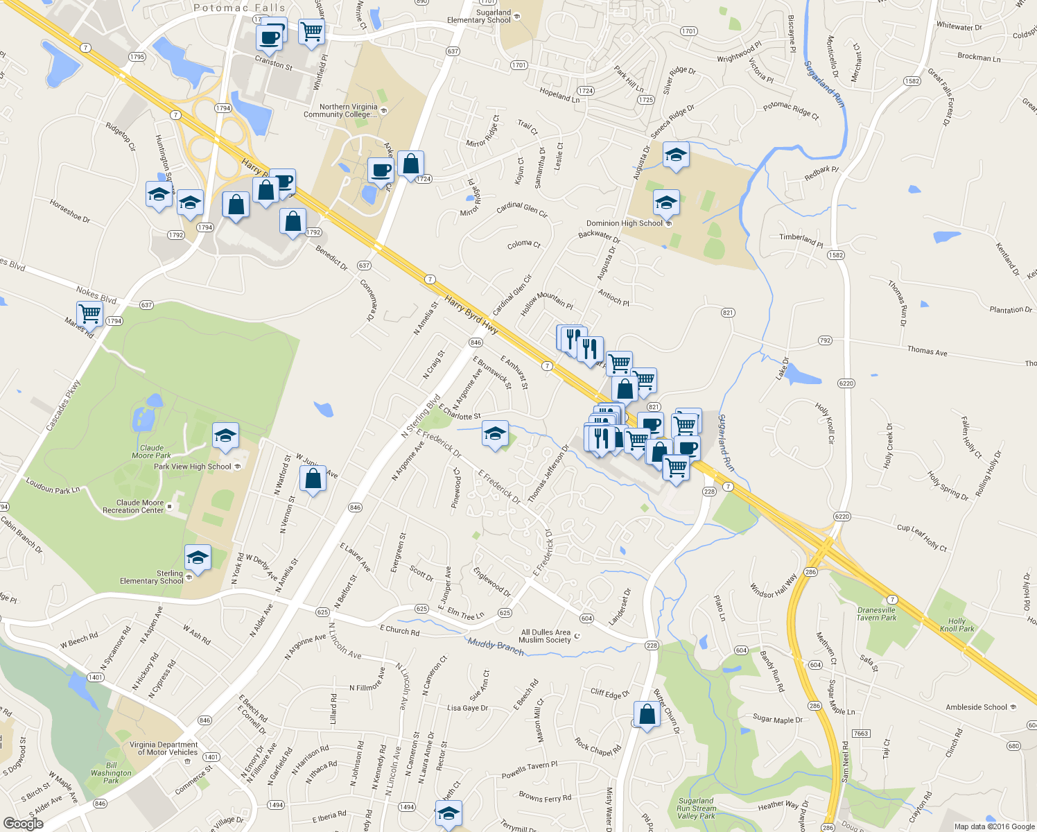 map of restaurants, bars, coffee shops, grocery stores, and more near 503 East Charlotte Street in Sterling