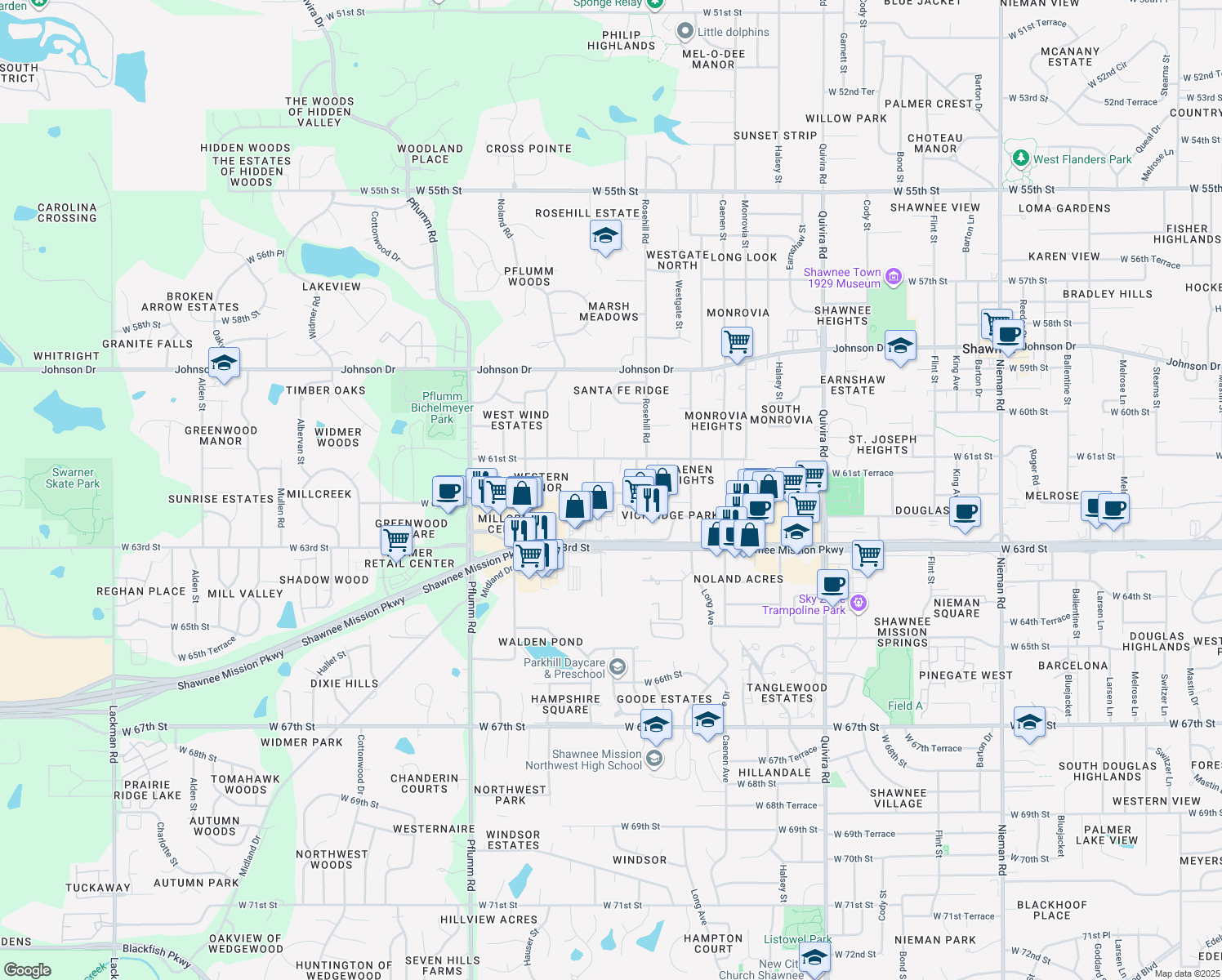 map of restaurants, bars, coffee shops, grocery stores, and more near 7618 Parkhill St in Shawnee