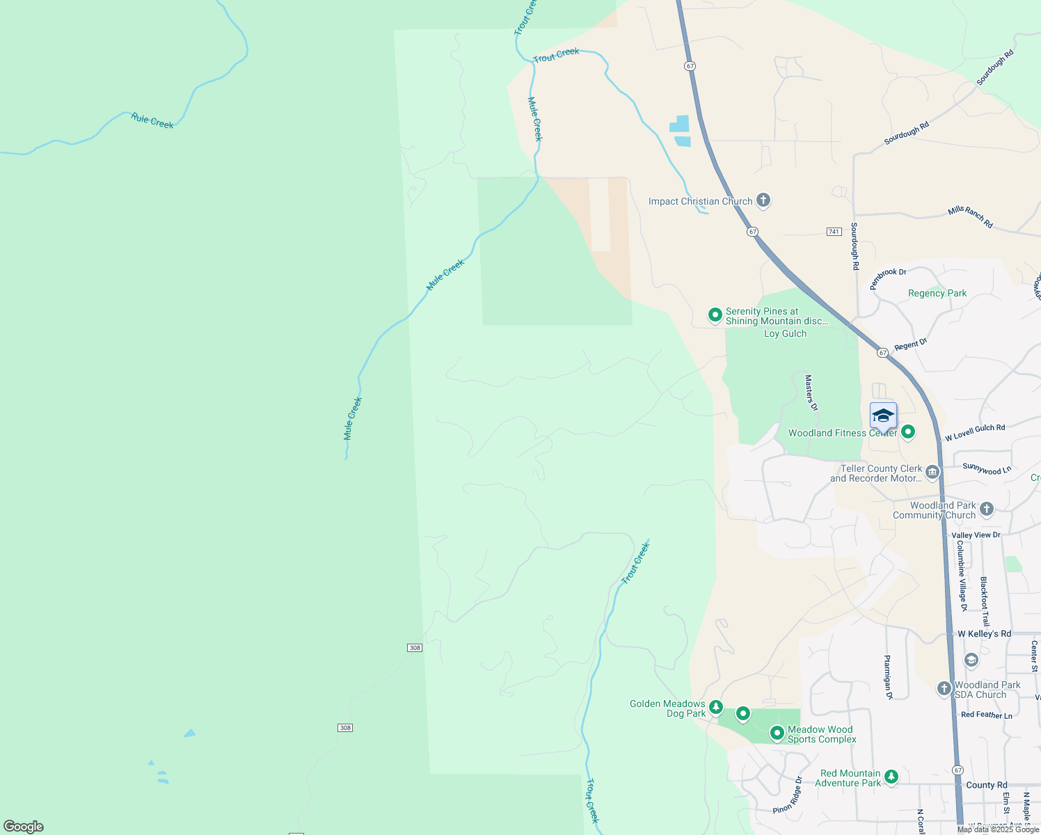 map of restaurants, bars, coffee shops, grocery stores, and more near 1210 Lucky Lady Drive in Woodland Park