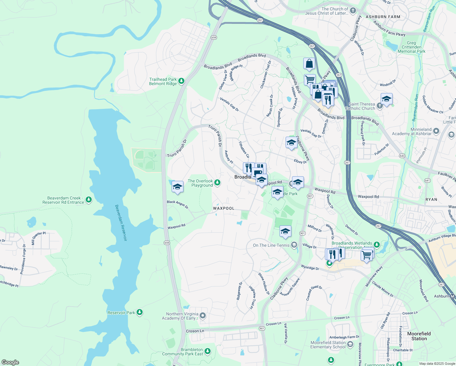 map of restaurants, bars, coffee shops, grocery stores, and more near 42747 Hollowind Court in Broadlands