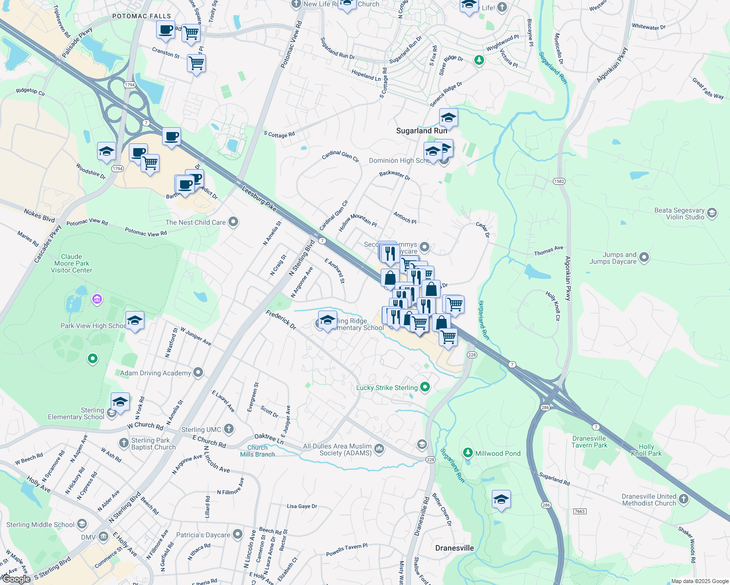 map of restaurants, bars, coffee shops, grocery stores, and more near 615 East Charlotte Street in Sterling