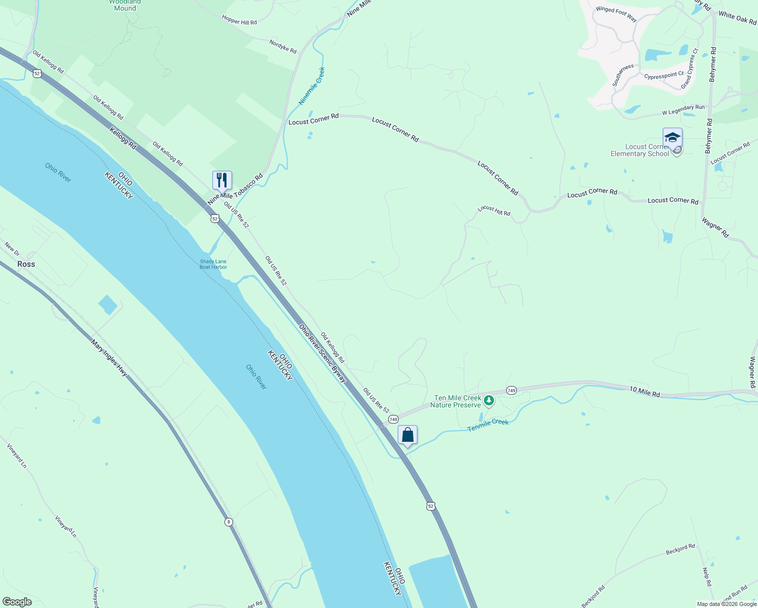 map of restaurants, bars, coffee shops, grocery stores, and more near 43 Locust Hill Road in Cincinnati