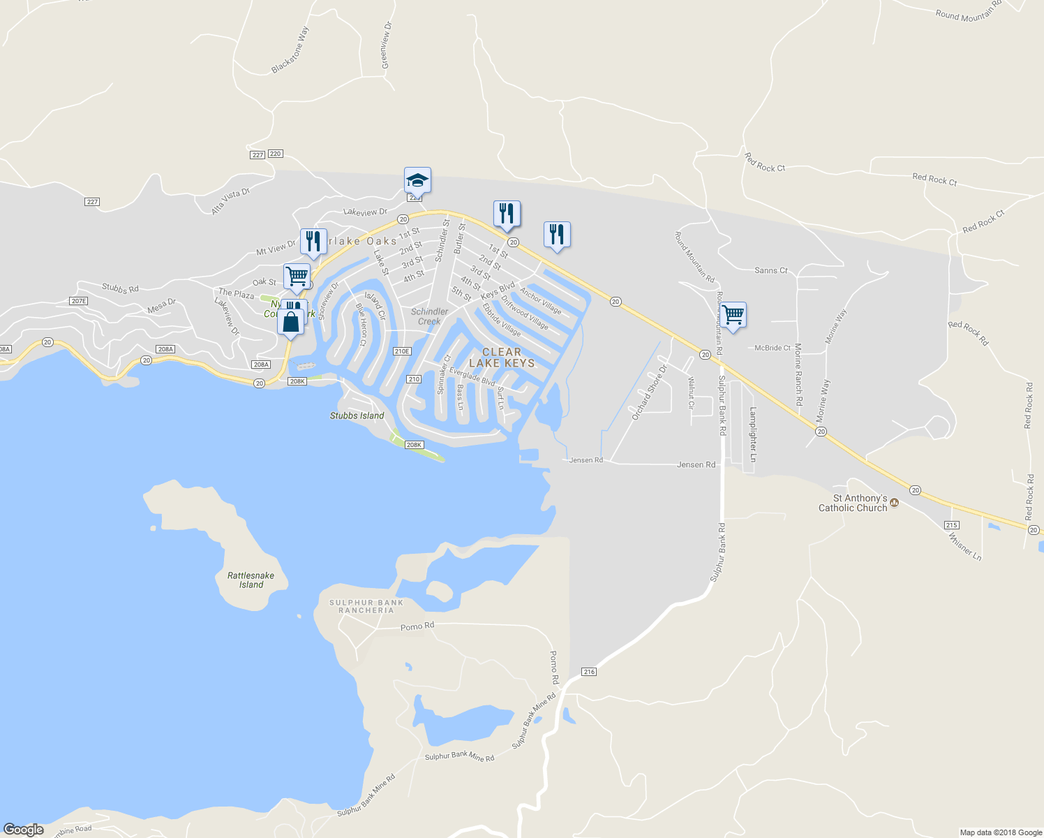 map of restaurants, bars, coffee shops, grocery stores, and more near 704 Ketch Court in Clearlake Oaks