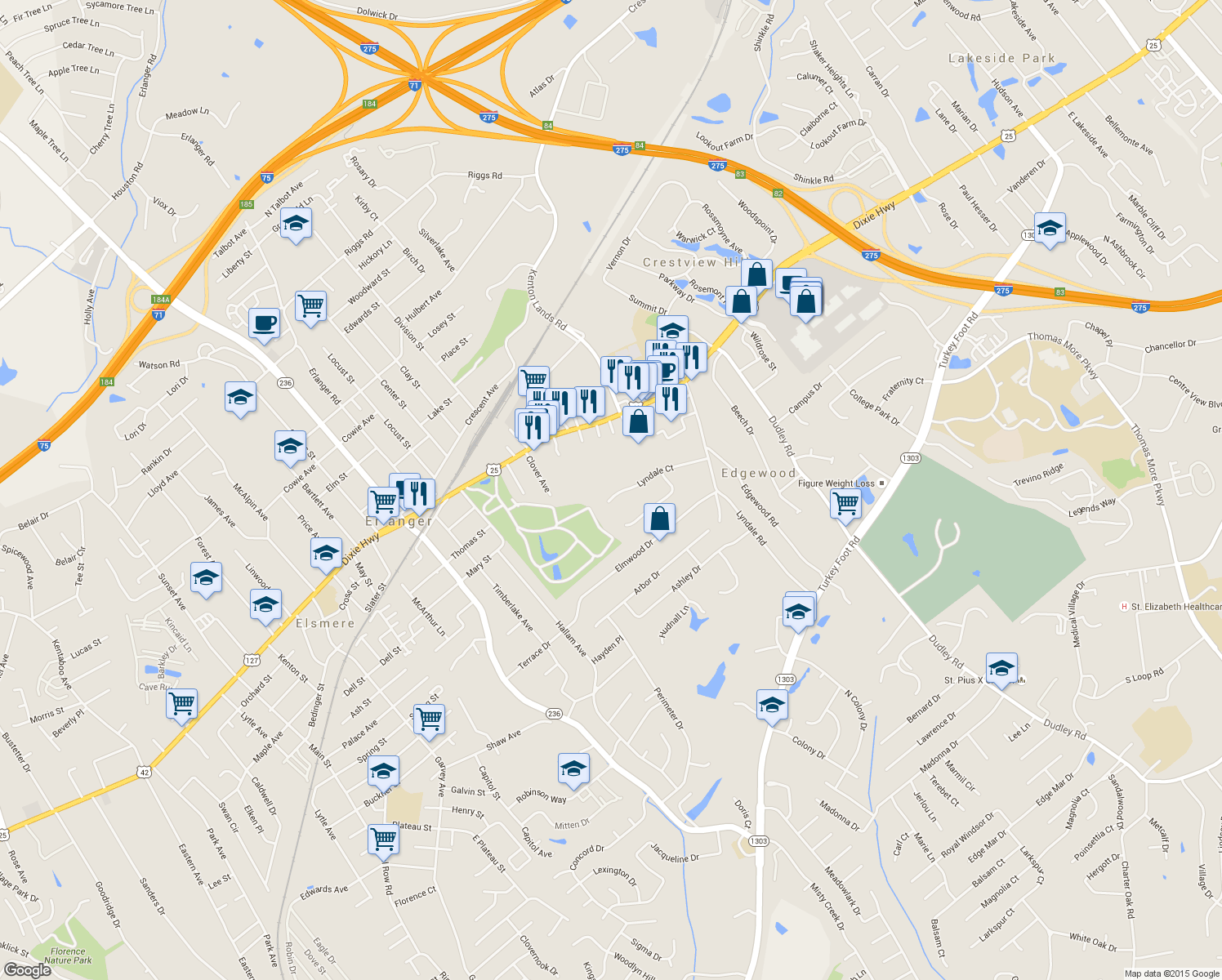 map of restaurants, bars, coffee shops, grocery stores, and more near 3074 Lyndale Ct in Edgewood