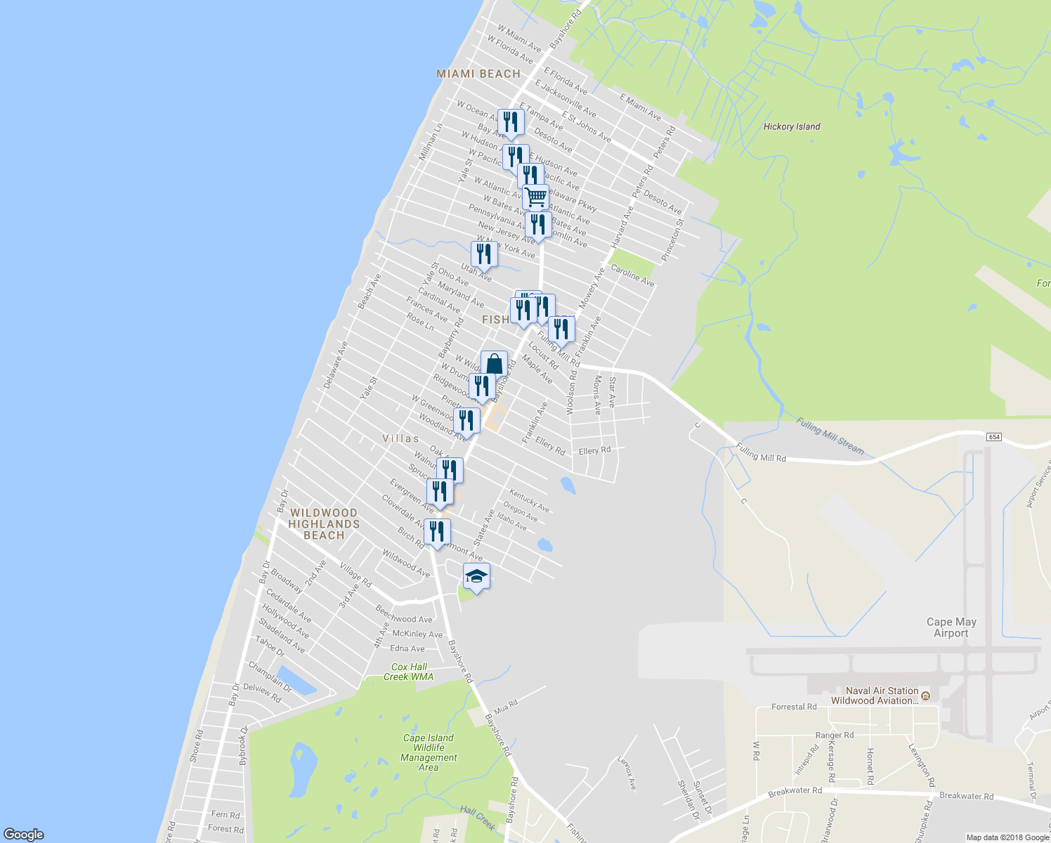 map of restaurants, bars, coffee shops, grocery stores, and more near 16 Alexander Avenue in Villas