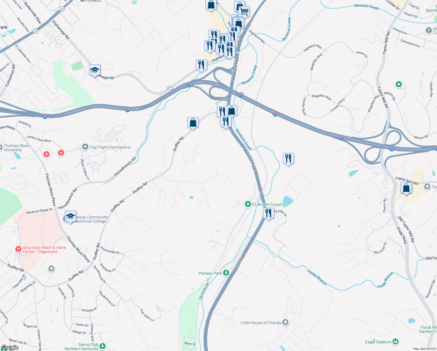 map of restaurants, bars, coffee shops, grocery stores, and more near 881 Pinehurst Drive in Edgewood